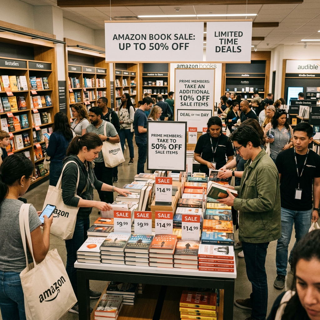 Busy Amazon bookstore with signs reading "AMAZON BOOK SALE: UP TO 50% OFF," "LIMITED TIME DEALS," and "PRIME MEMBERS: TAKE AN ADDITIONAL 10% OFF SALE ITEMS."